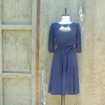 1970s Navy Blue Midi Dress With Pleated Top