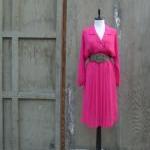 1980s Dress Fuschia Long Sleeve Collared Midi