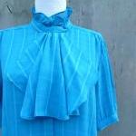 1970s Blouse Teal Ruffle Neck Button Front