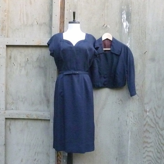 1960s Mad Men Silk Belted Dress And Crop Jacket In Navy Blue